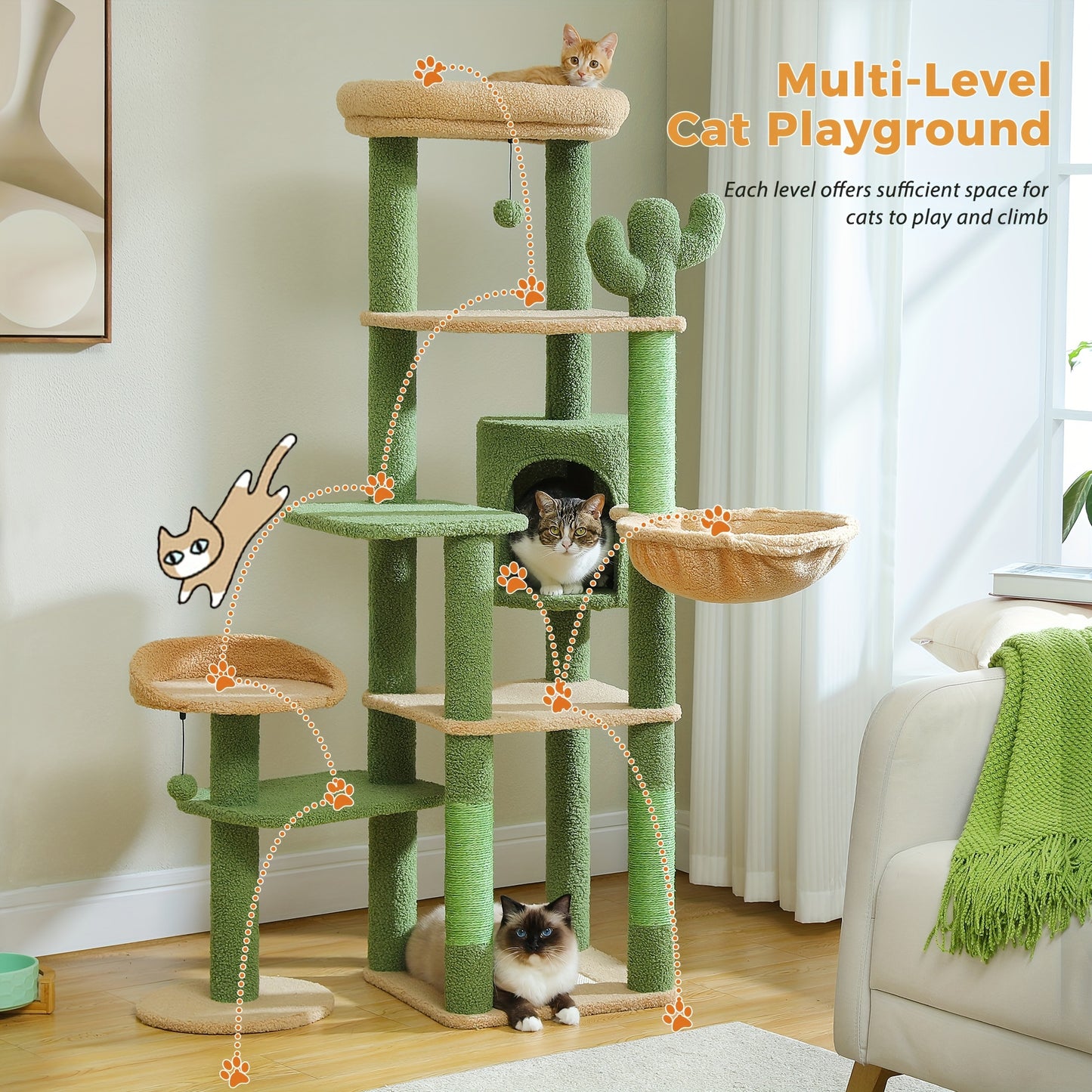 Cactus Cat Tree 59" - Multi-Level Tower for Large Cats
