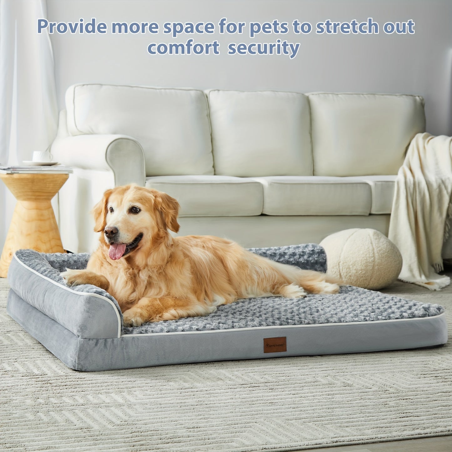 Golden retriever relaxing on breathable grey dog bed mat in home setting