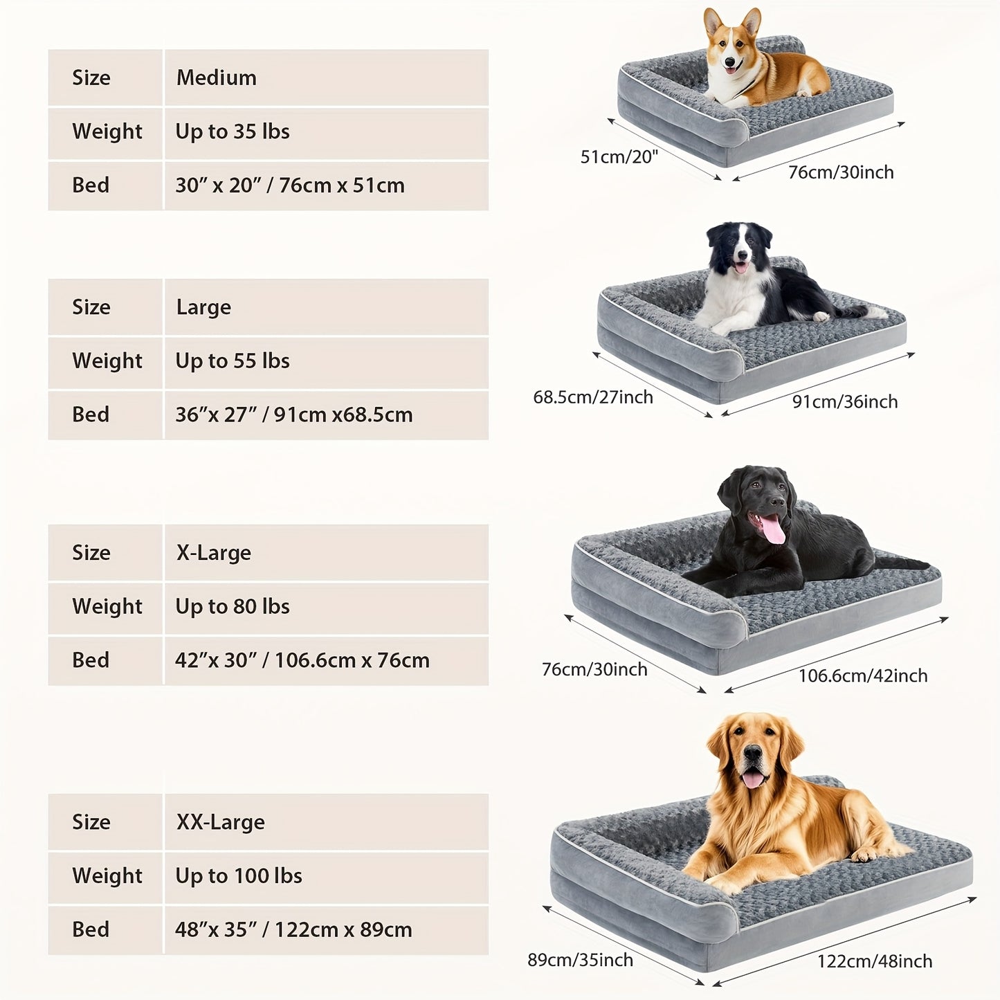 Large dog bed mat size chart showing orthopedic design and dimensions