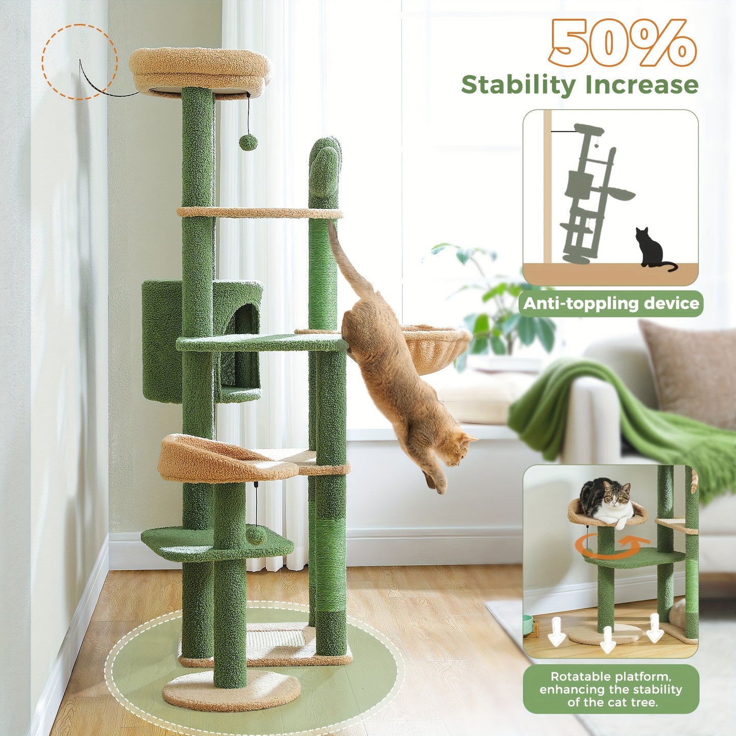 59" Cactus Cat Tree - Multi-Level Tower for Large Cats