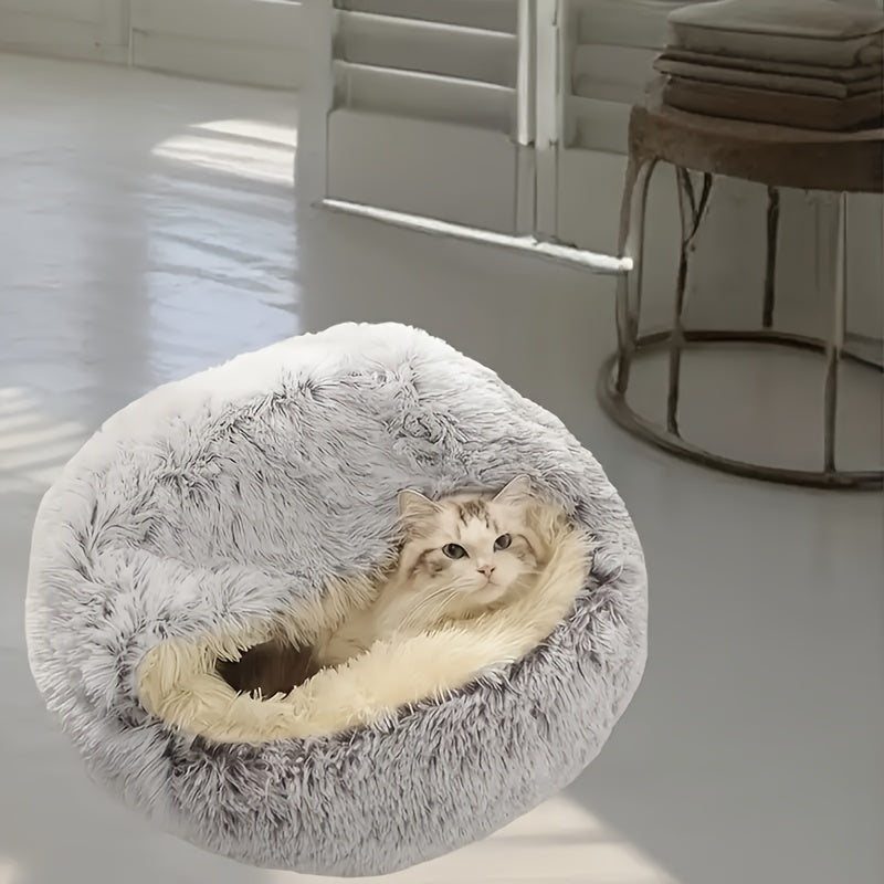 Plush Round Hooded Pet Bed - Warm for Cats & Dogs
