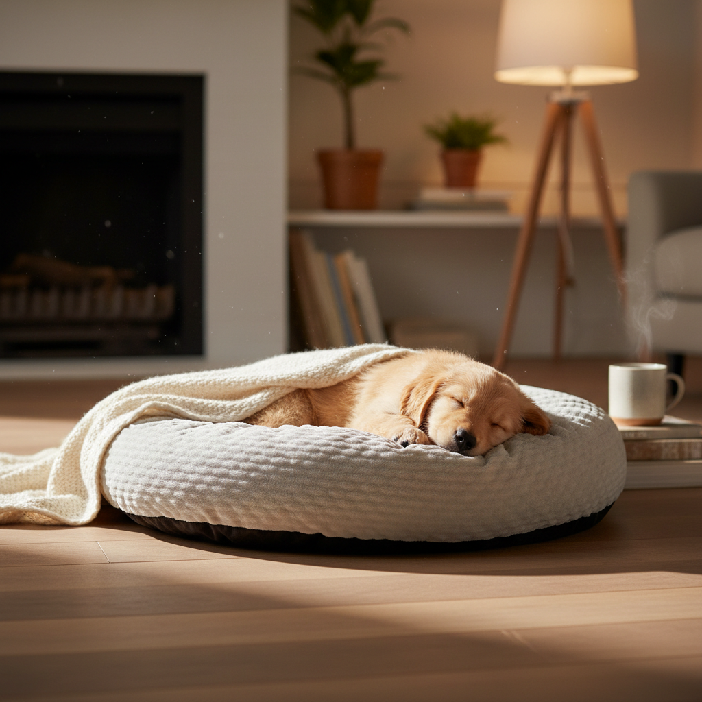 Small puppy sleeping peacefully on washable dog bed