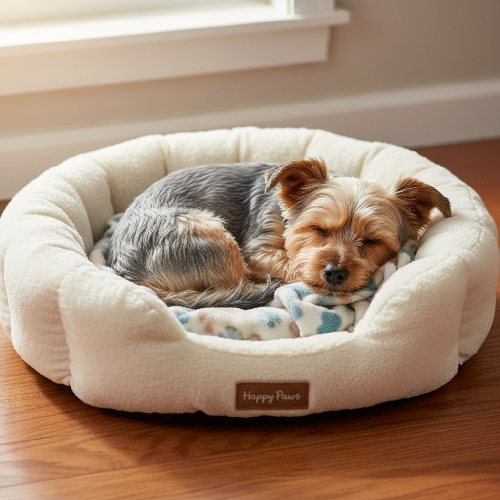 Small breed dog curled up on perfectly sized bed