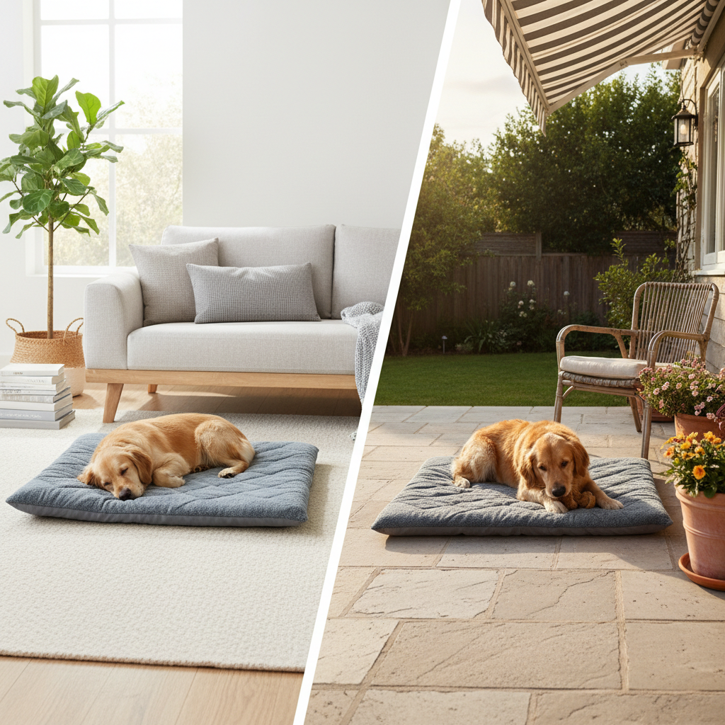 Dog bed mat used indoors and outdoors showing versatility