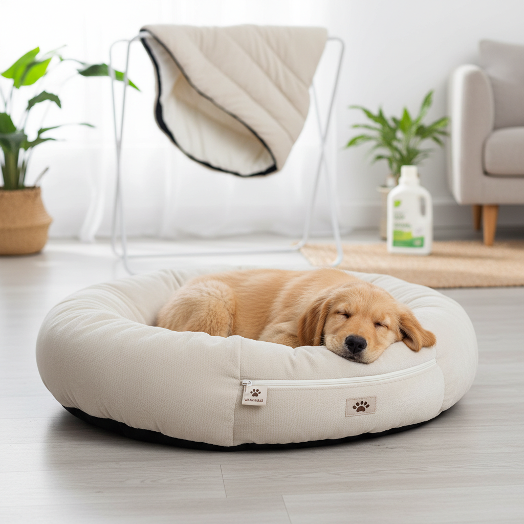 Small dog bed with plush cushioning and washable cover