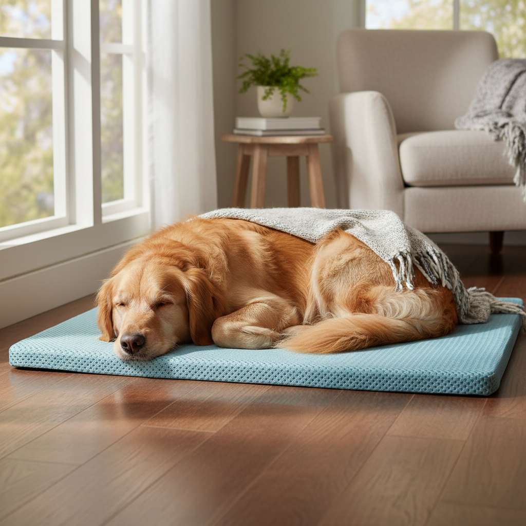 Large dog sleeping comfortably on breathable bed mat